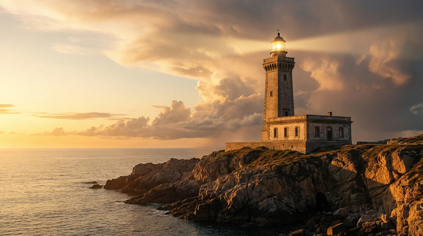 A sturdy lighthouse on a rocky coast during a warm, golden hour sunset.