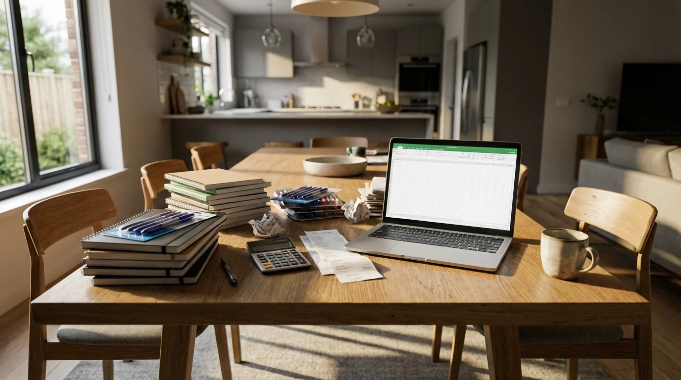 A table covered in new school supplies, receipts, and a laptop for budgeting.