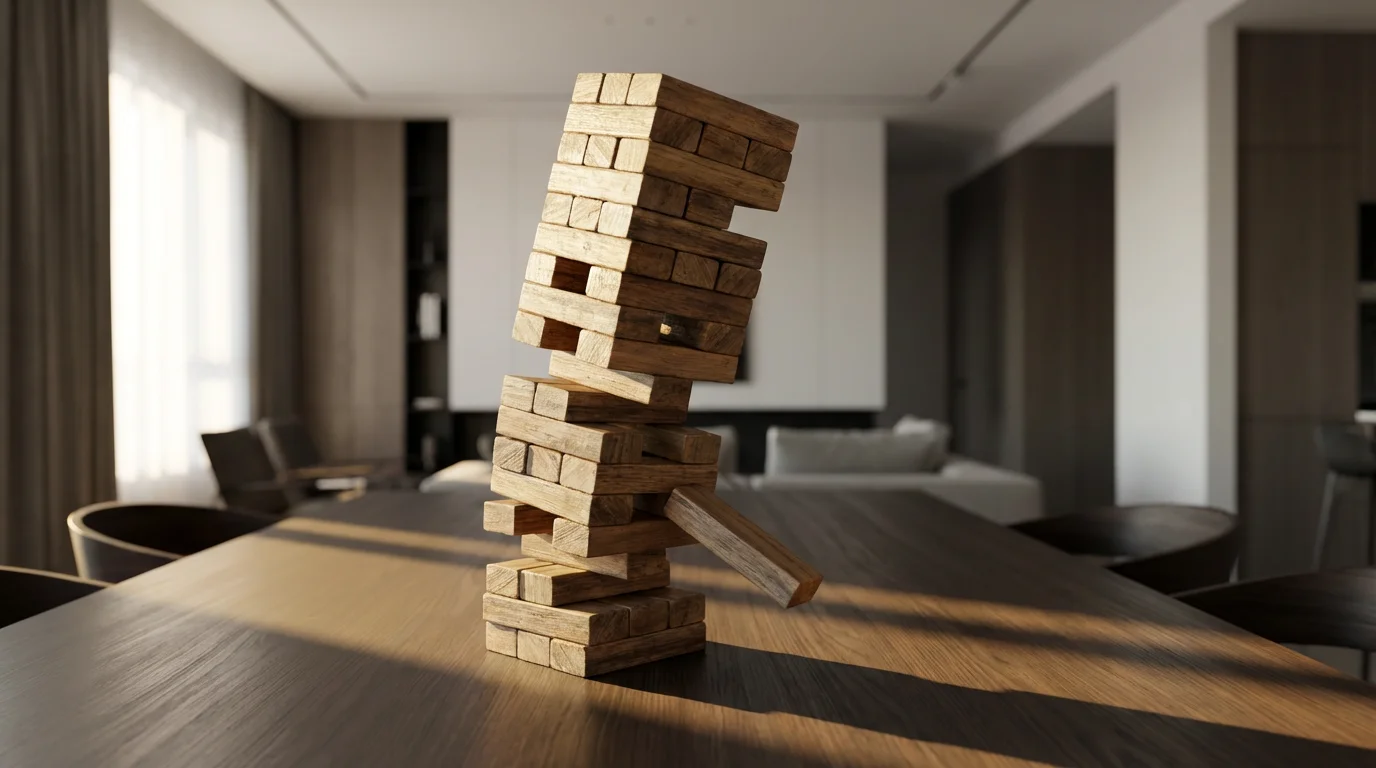 A tall, unstable Jenga tower of wooden blocks on a modern table, about to collapse.