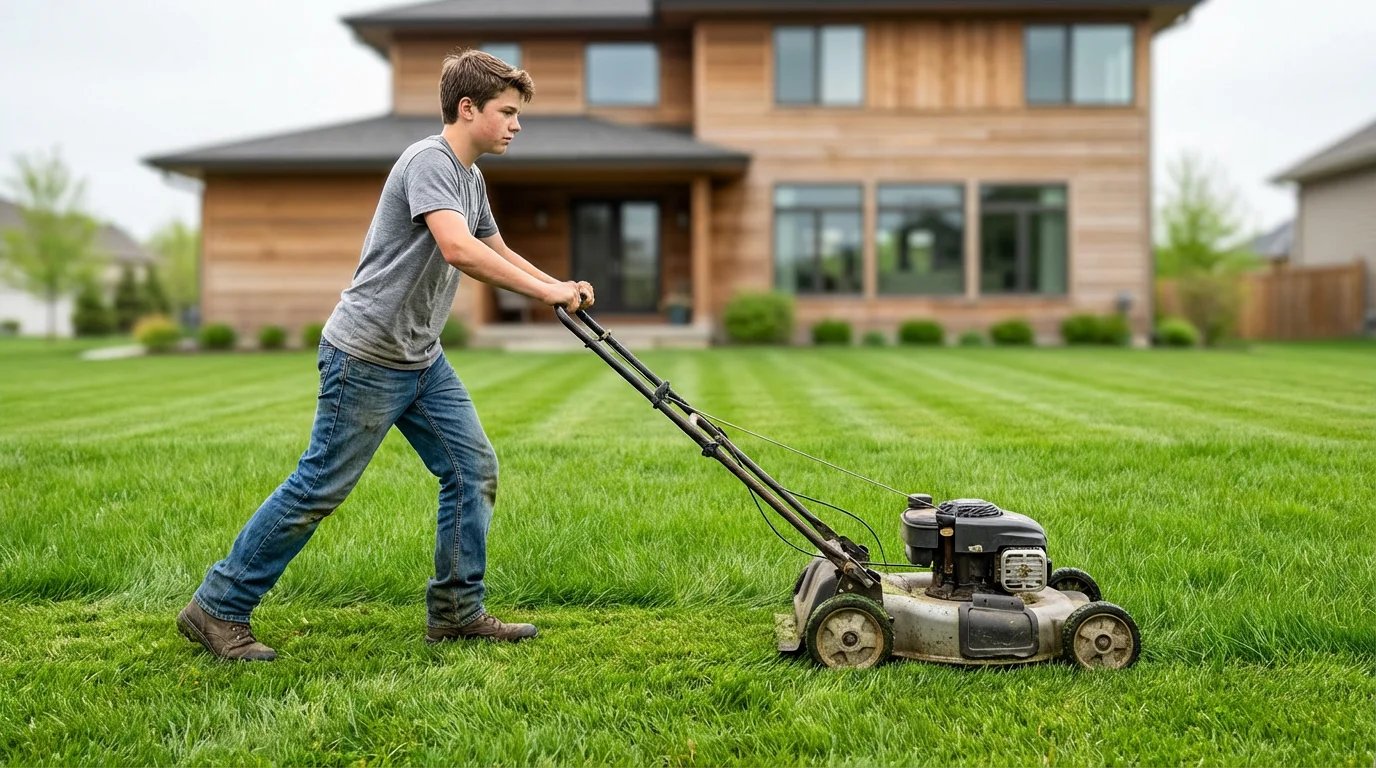 A teenage boy mowing a large lawn, representing a first job and earning money.
