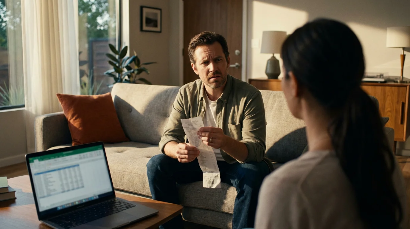 A tense couple on a sofa discusses finances, with the man holding a receipt.