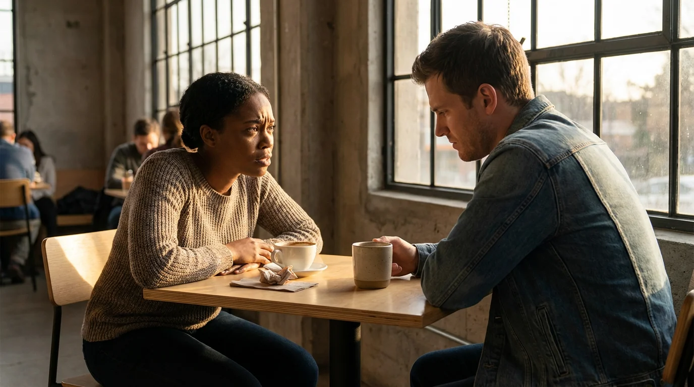 A tense, diverse couple having a difficult conversation at a cafe during golden hour.