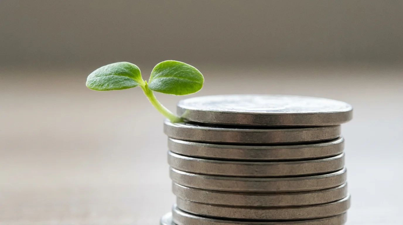 A tiny green sprout grows from a neat stack of silver coins, symbolizing growth.
