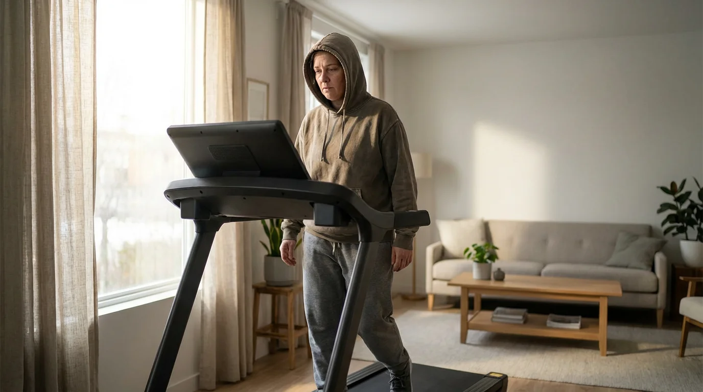 A weary person walks slowly on a treadmill in a sunlit living room.