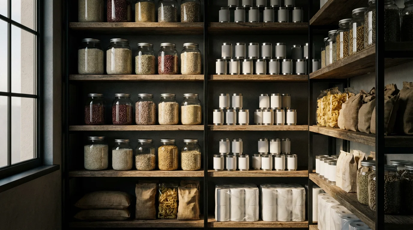A well-organized home pantry filled with non-perishable bulk food items and toilet paper.