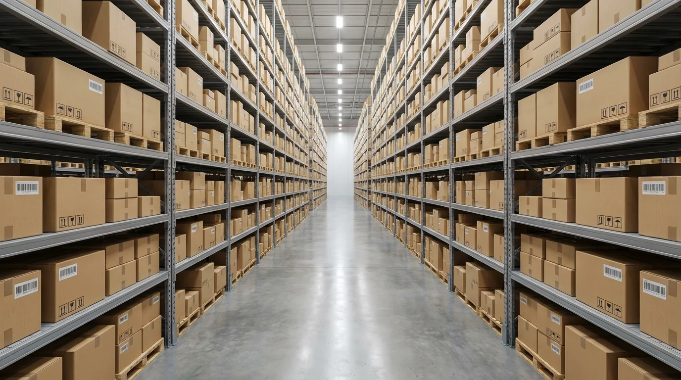 A wide shot of a vast warehouse aisle with towering shelves packed with products.