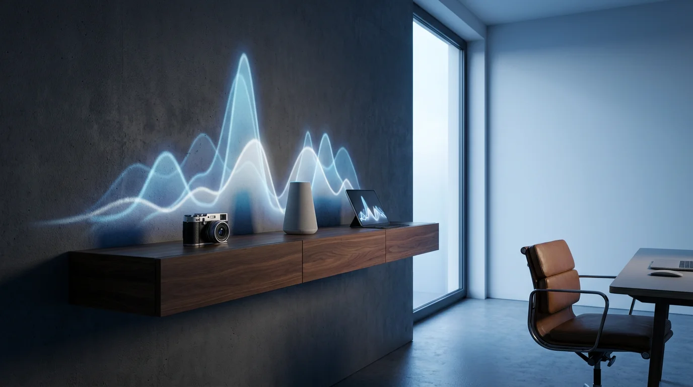 A wide shot of modern electronics on a shelf with abstract light projections behind them.