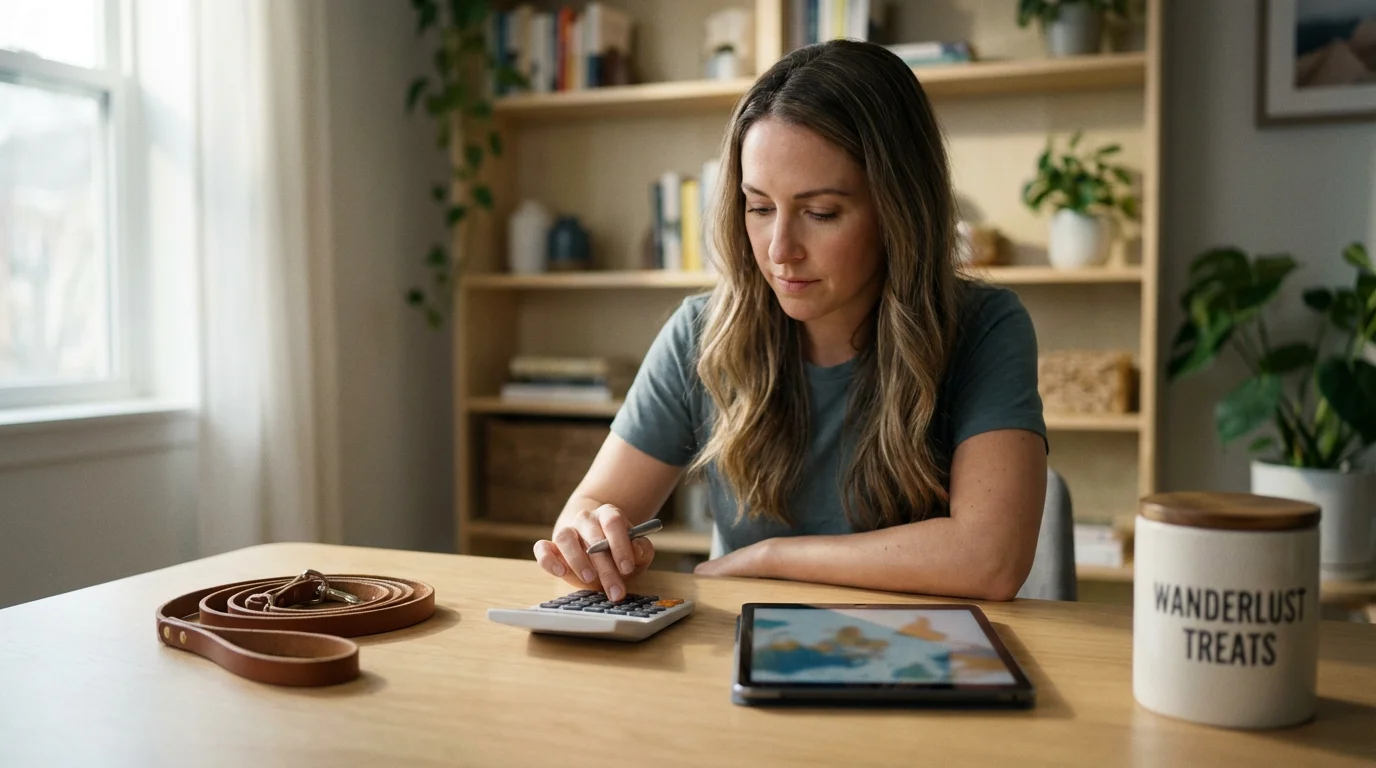 A woman at a desk with a calculator and dog leash planning her pet-sitting business.