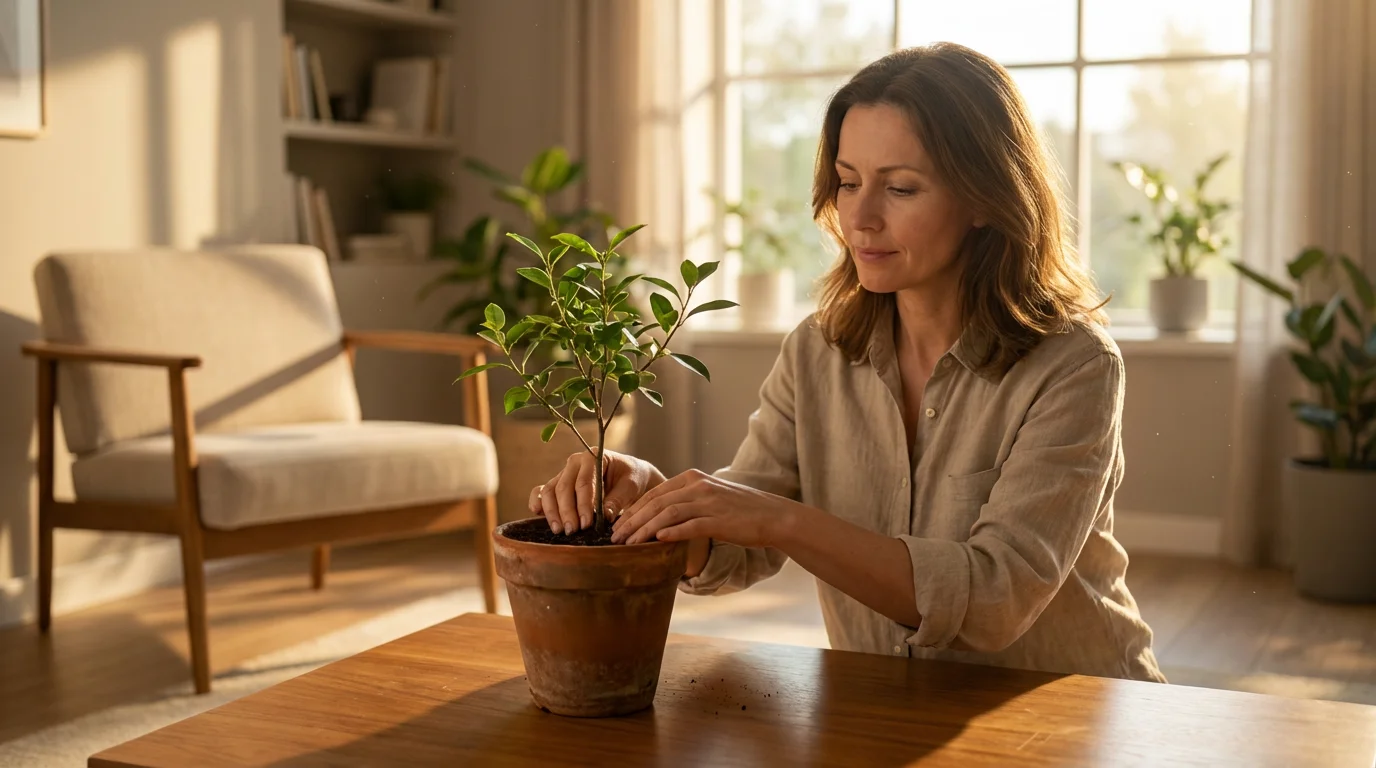 A woman in her 40s carefully nurtures a small sapling in a sunlit room.