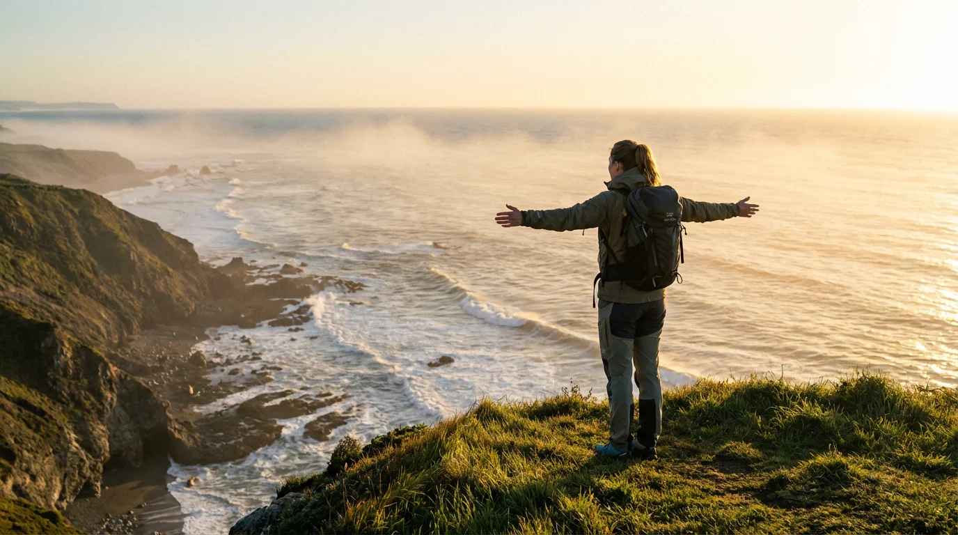 A woman on a coastal cliff at sunrise, representing spending on valuable life experiences.