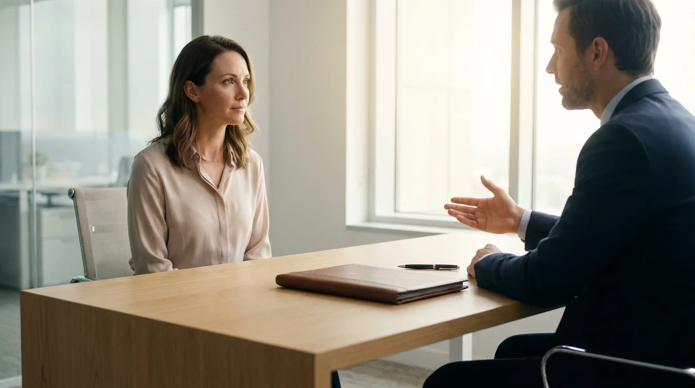 A woman receives financial advice from a professional in a modern, sunlit office.