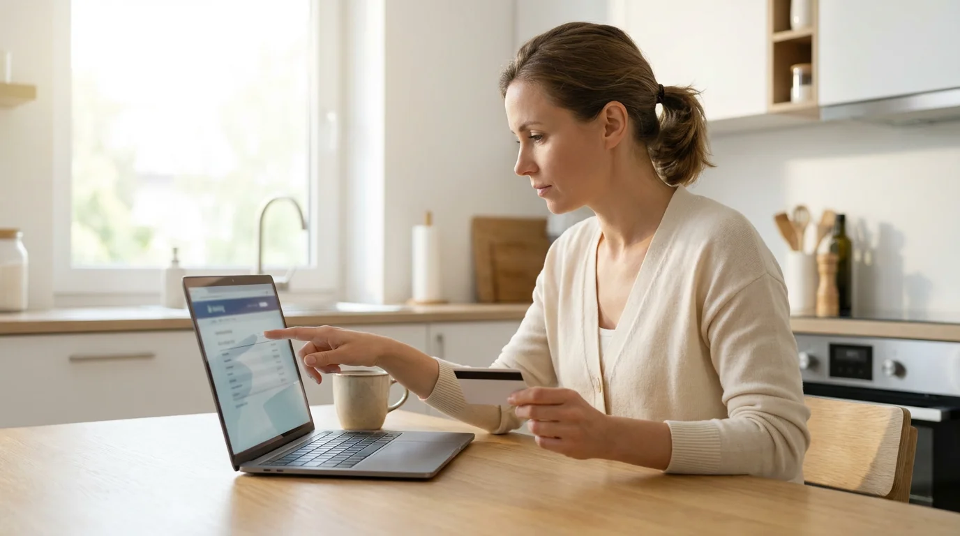 A woman reviews her expenses on a laptop to find extra money to save.