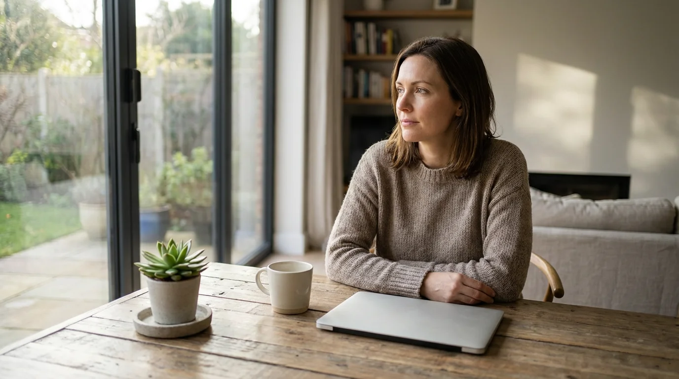 A woman sits at a clean desk peacefully looking out a sunny window, reflecting.