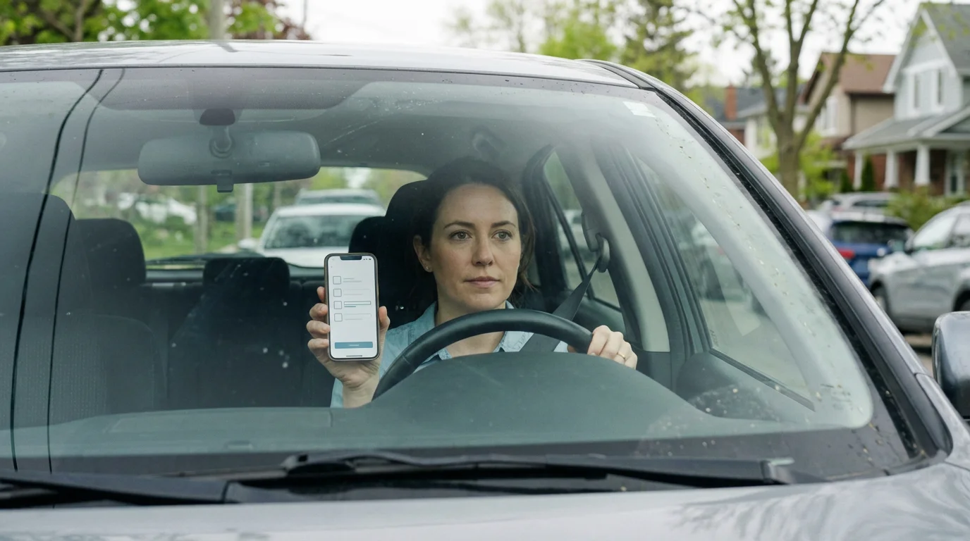 A woman sits in her car, using her smartphone to complete an online survey.