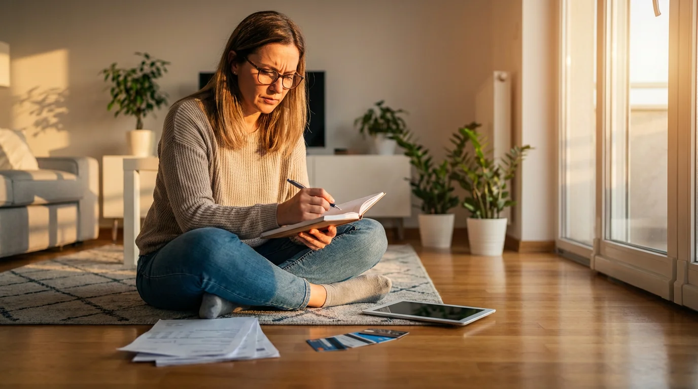A woman sits on a floor in golden light, creating a financial action plan.