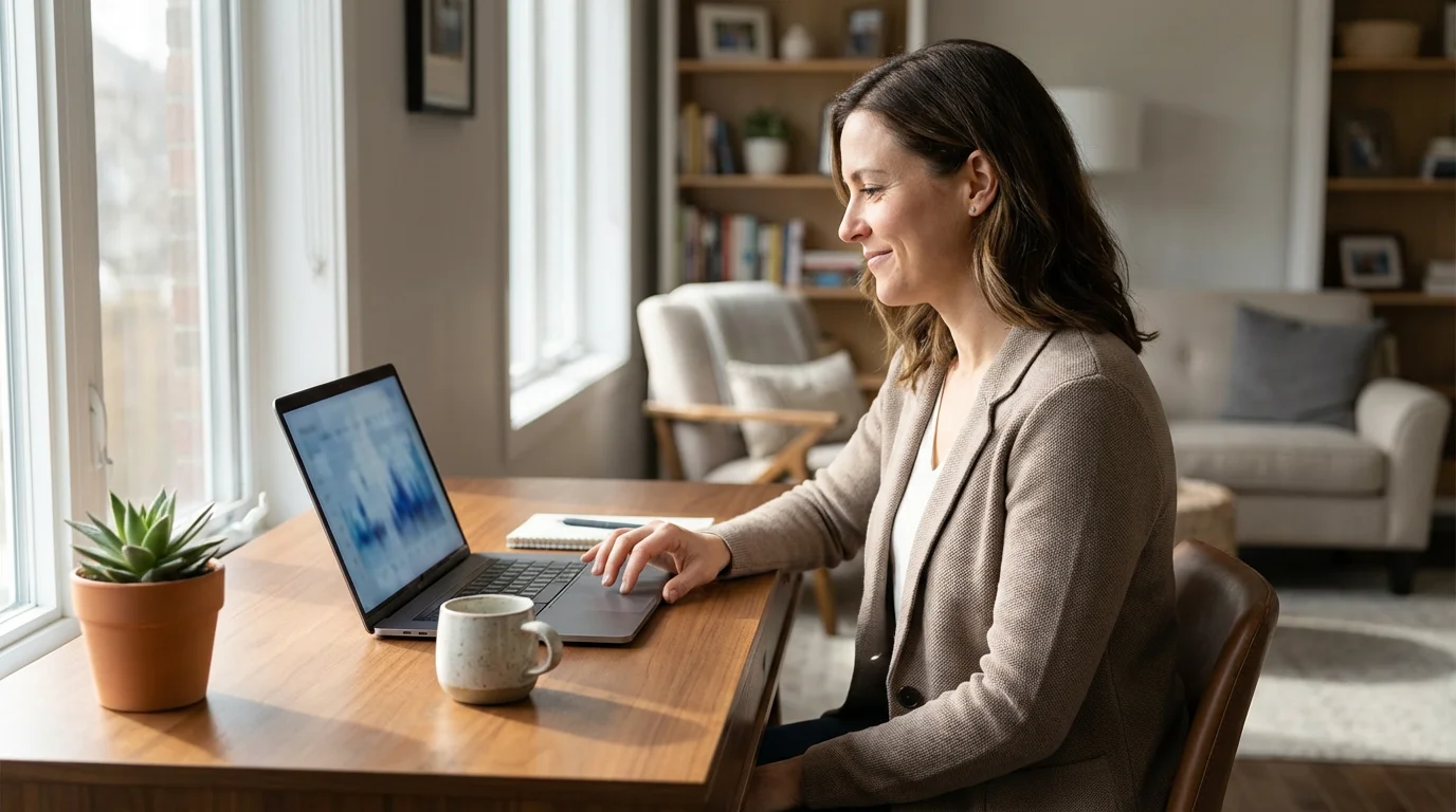 A woman smiles slightly while adjusting her retirement plan on a laptop at home.