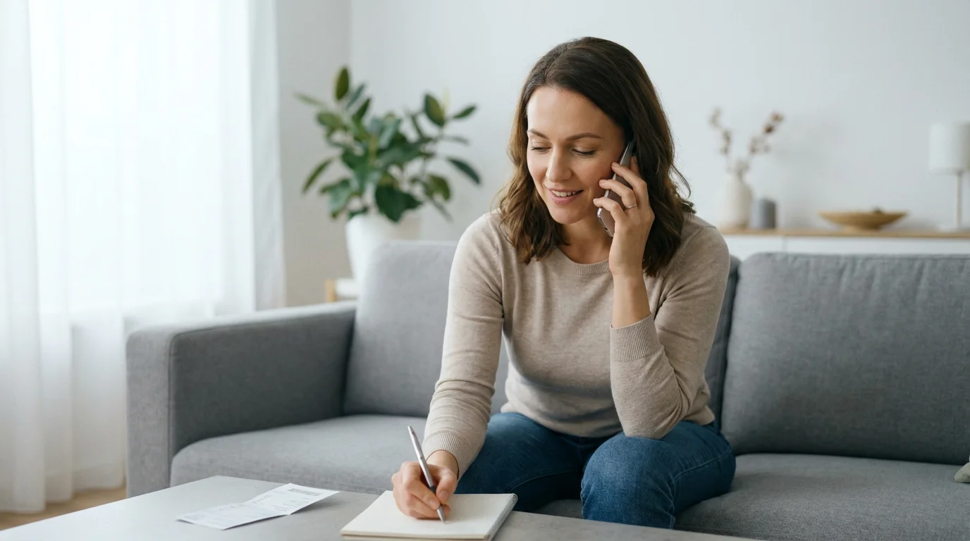 A woman smiles while talking on her phone and taking notes to lower her bills.