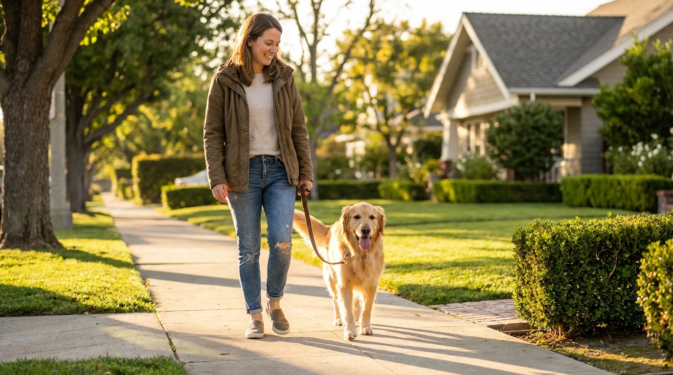 A woman smiles while walking a golden retriever on a suburban sidewalk at sunset.