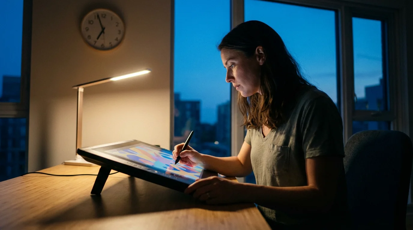 A woman working on a graphics tablet at her desk in the evening, symbolizing time blocking.