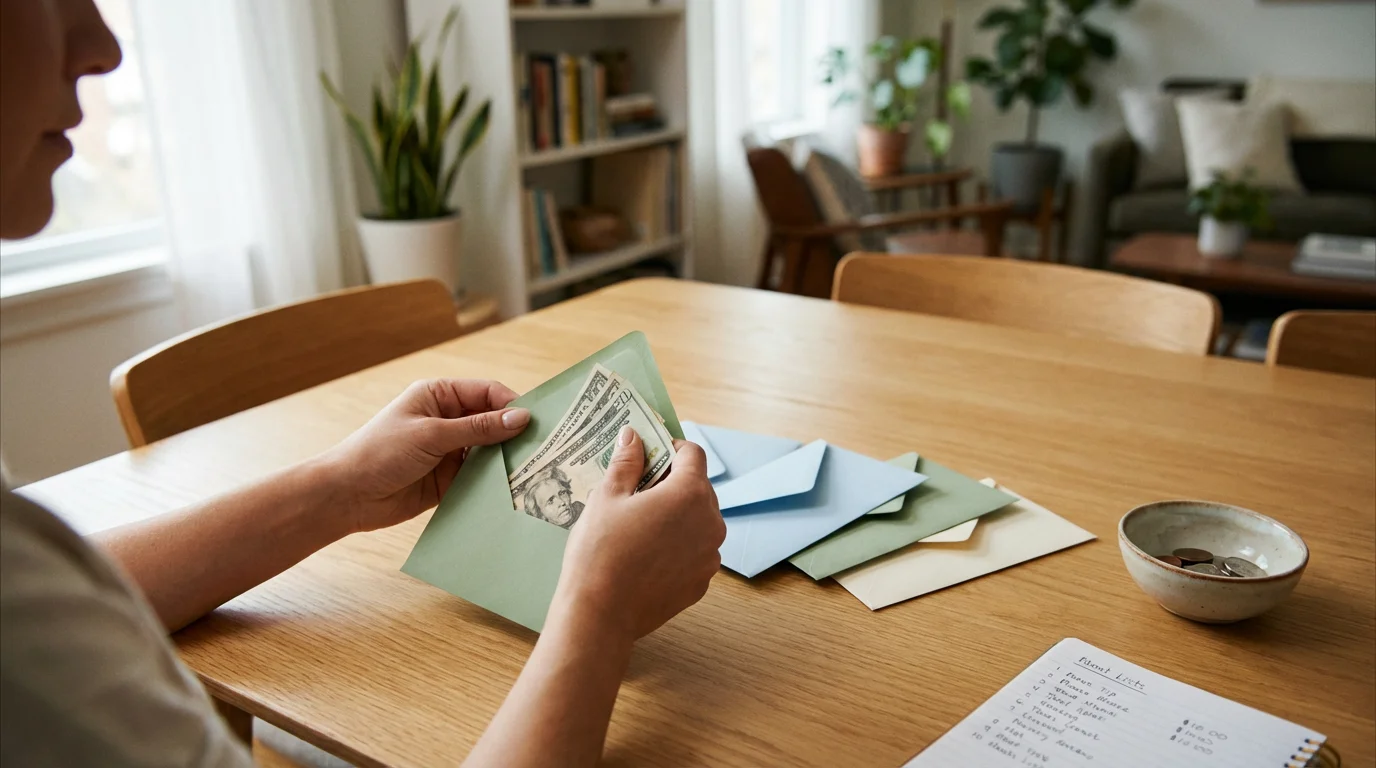 A woman's hands sorting cash into different colored envelopes on a wooden table.