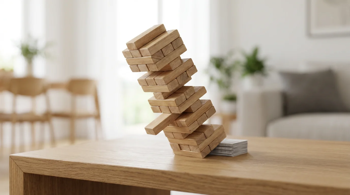 A wooden block tower about to collapse, symbolizing a financial pitfall or mistake.