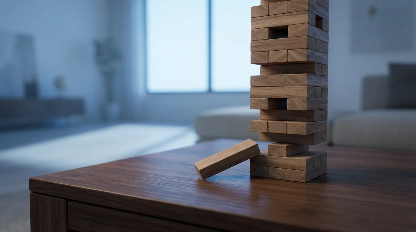 A wooden block tower with one block removed, representing a small financial mistake.