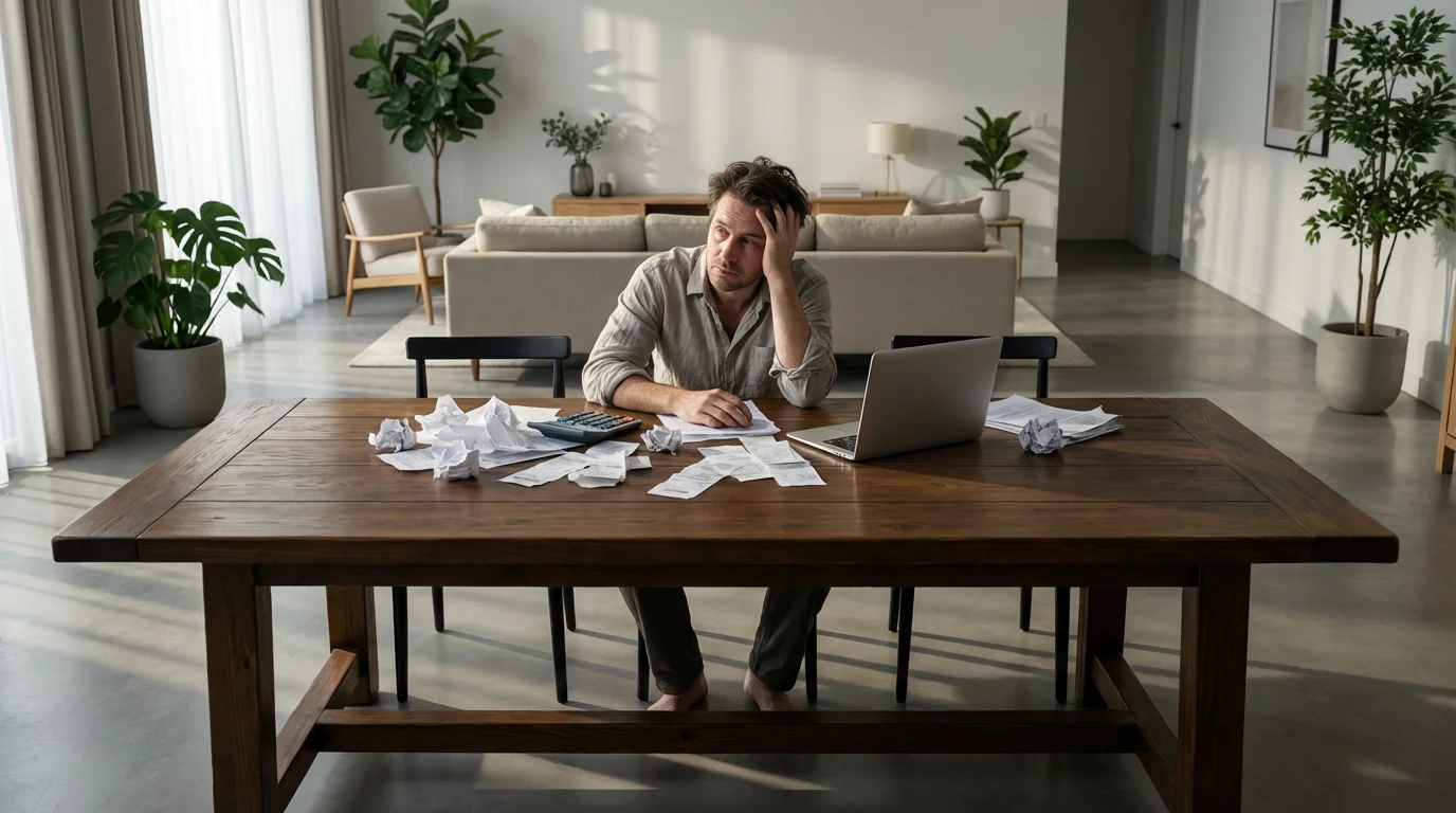 A worried person sits at a cluttered table, stressed about their personal finances.