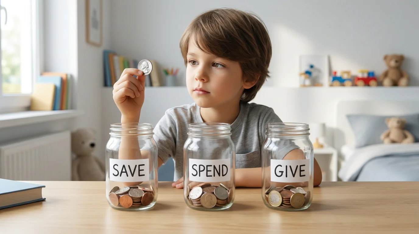 A young child at a desk deciding which of three clear money jars to place a coin in.