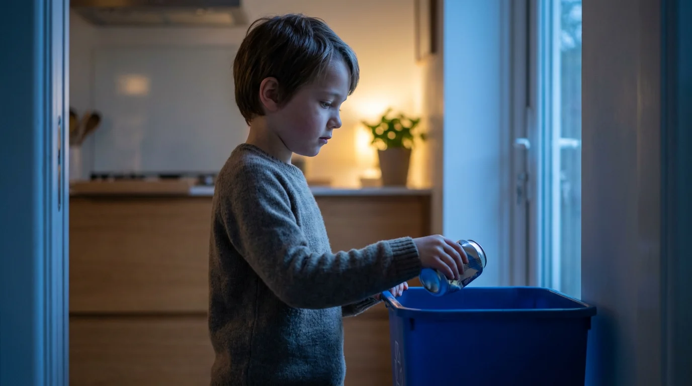 A young child responsibly puts a can into a recycling bin at dusk.