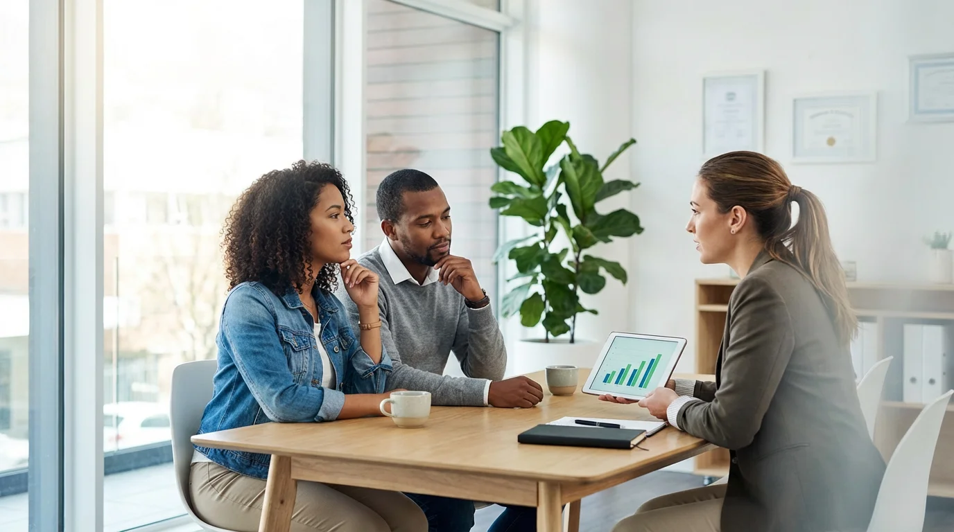 A young couple receives financial advice from a professional advisor in a bright office.