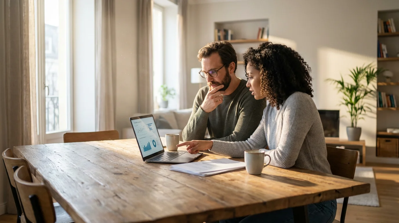 A young couple sits at a dining table looking at a laptop, discussing an application.