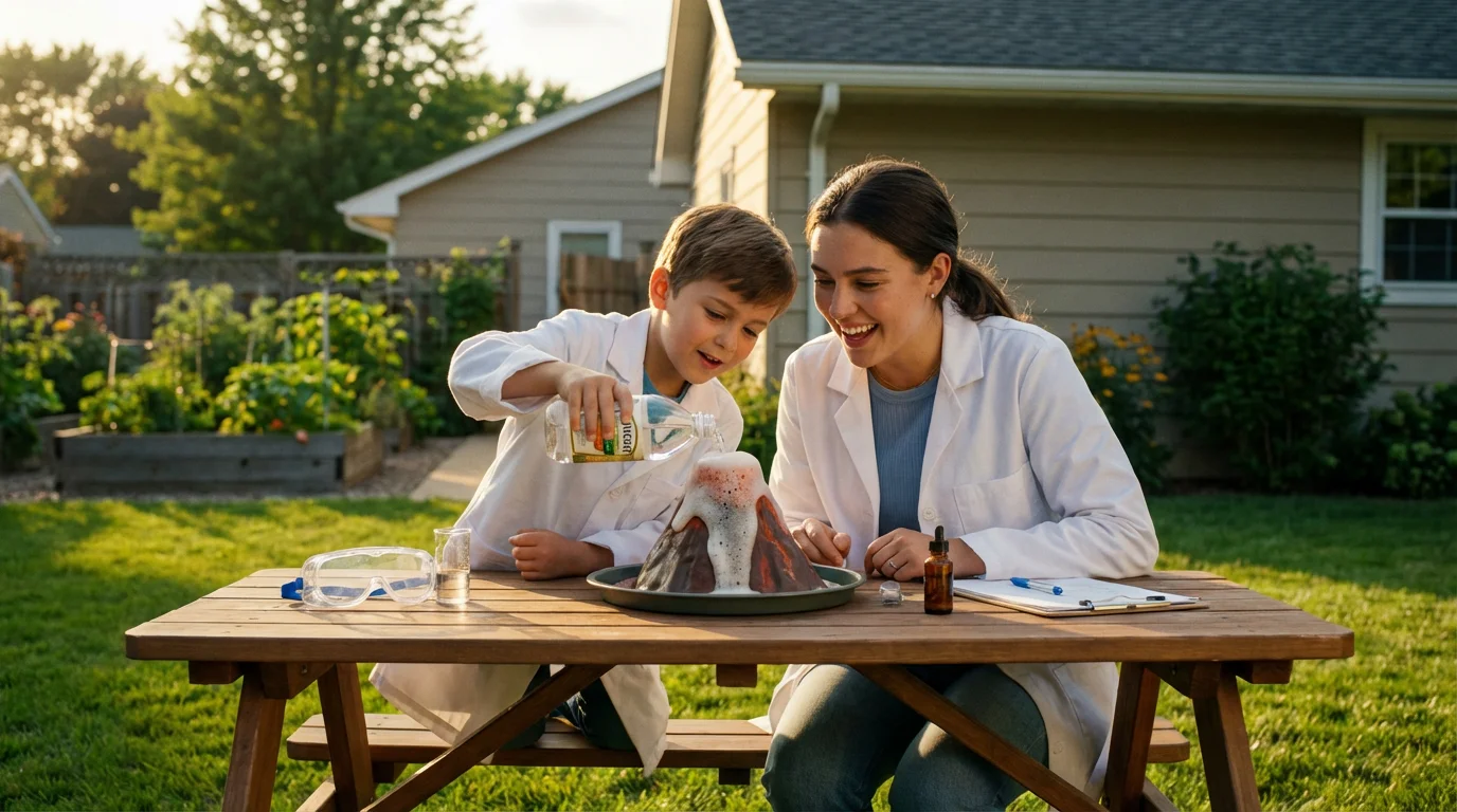 A young nanny and a child do a science experiment in a backyard at sunset.