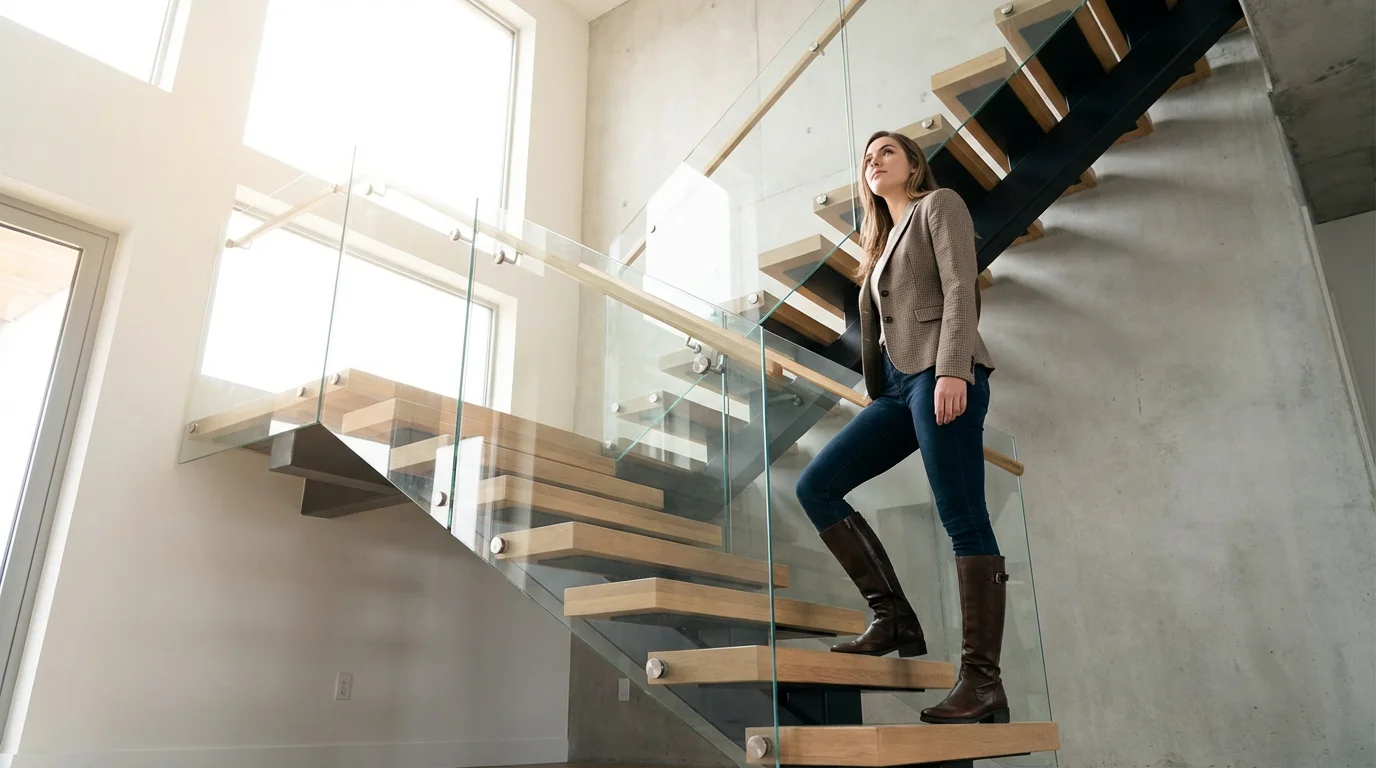 A young woman stands on the first step of a long staircase, looking up.