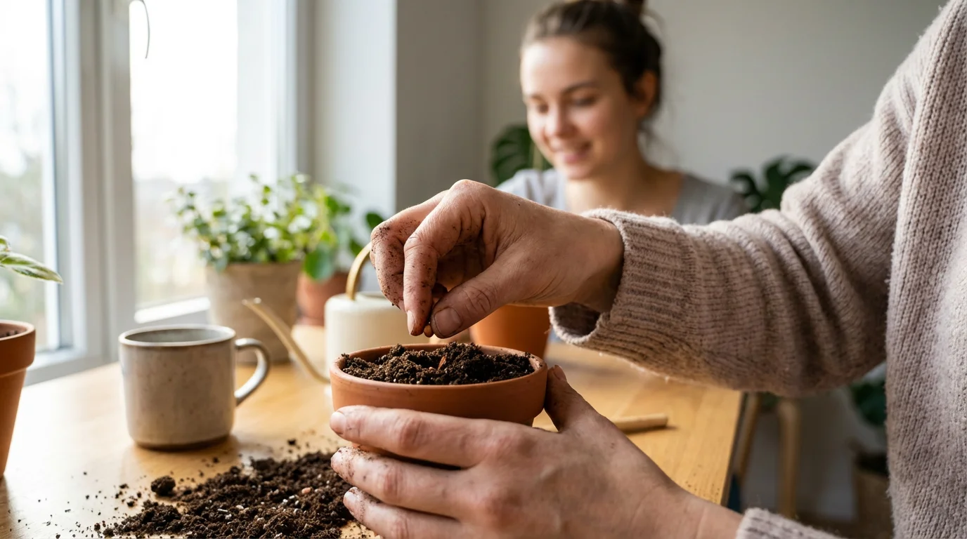 A young woman's hands planting a small seed in a pot, symbolizing future growth.