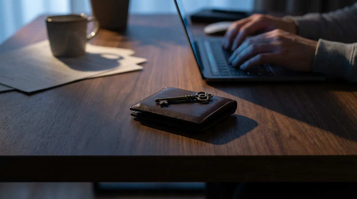 An antique key rests on a leather wallet on a desk next to a laptop during blue hour.