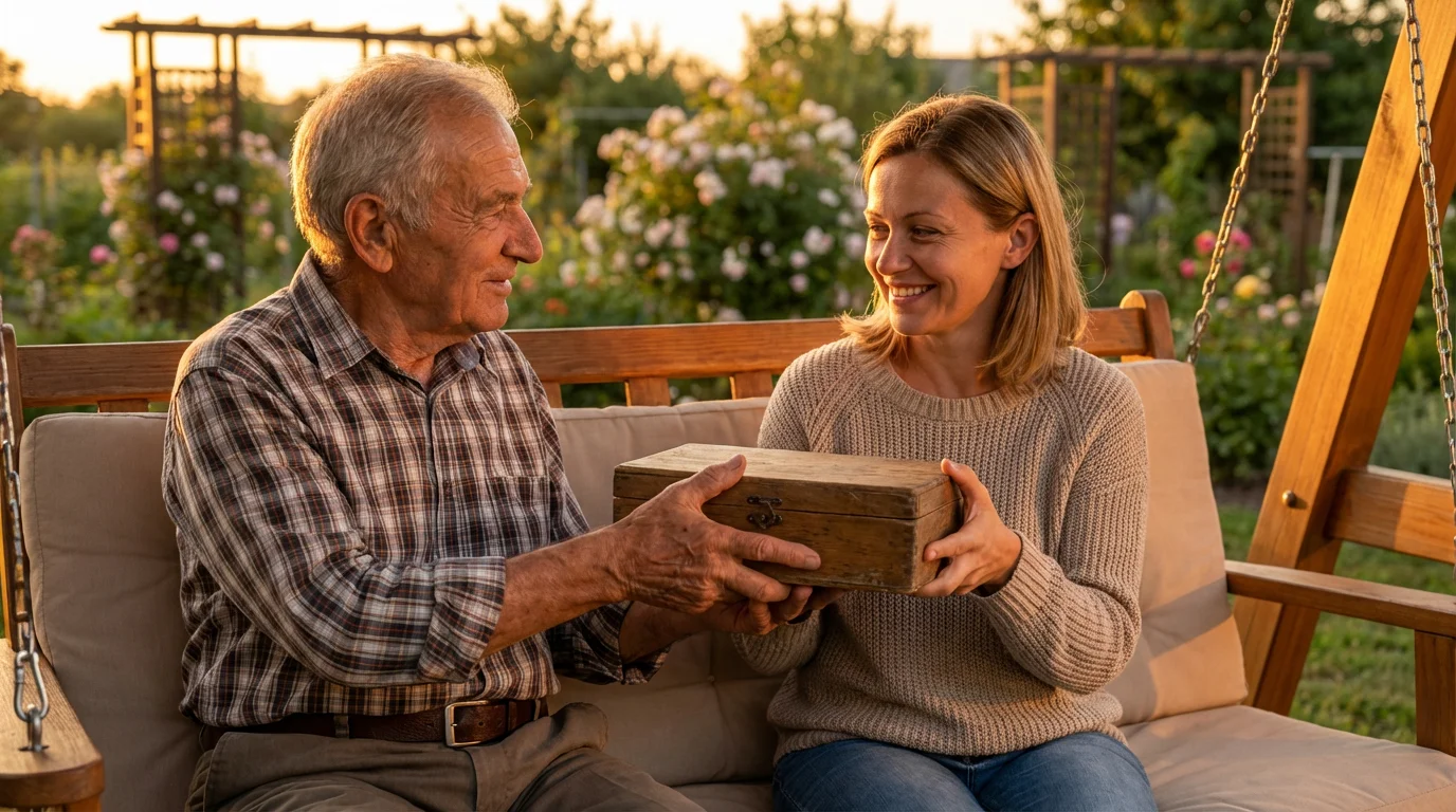 An elderly father gives his adult daughter a wooden box on a porch swing.