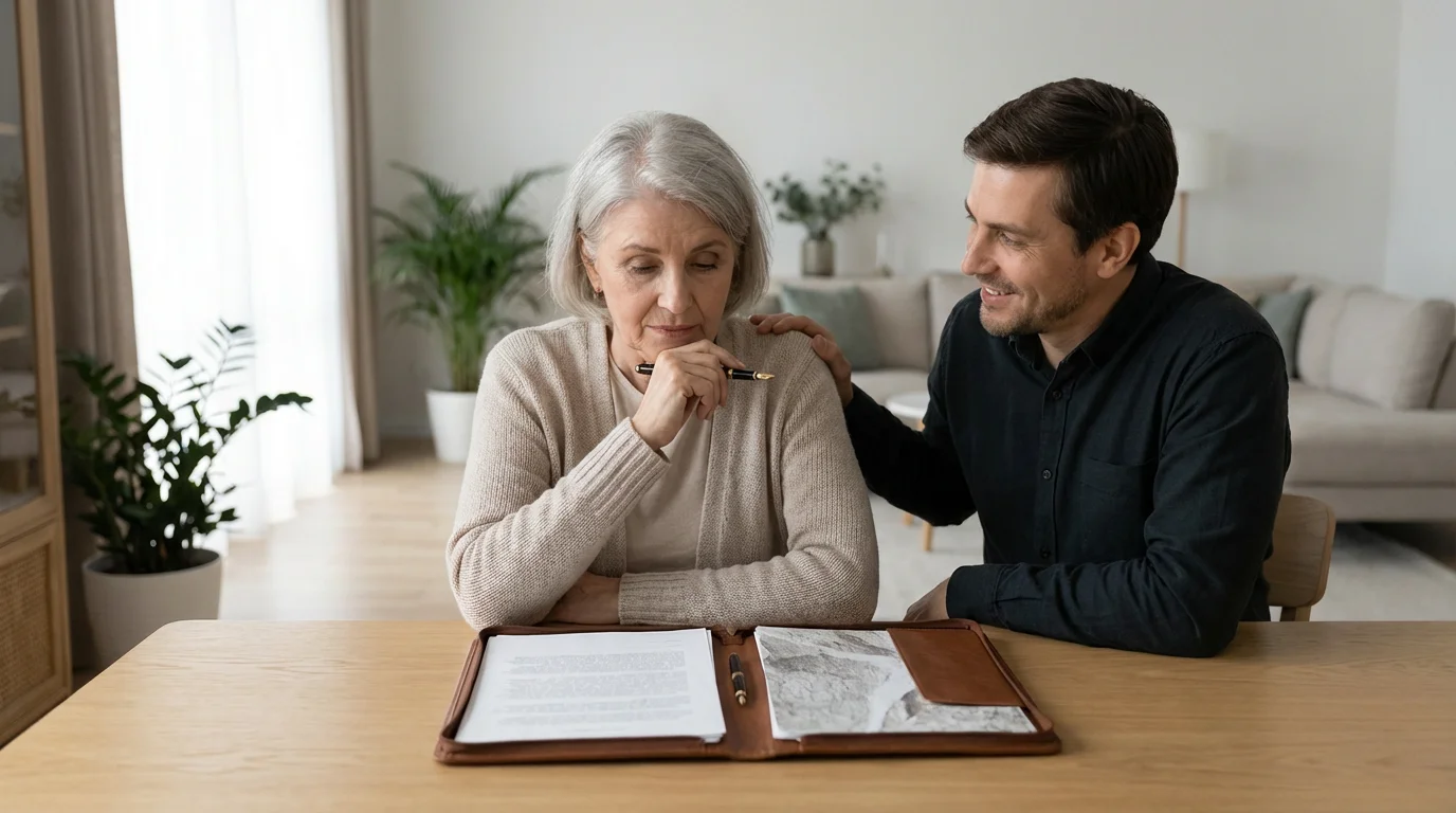 An elderly woman and her son reviewing legal documents at a table at home.