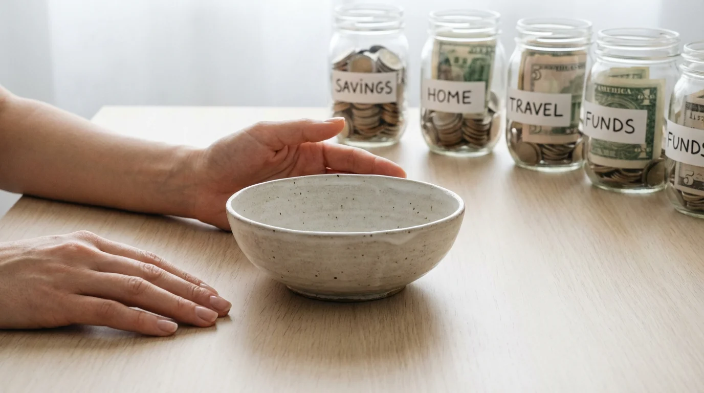 An empty bowl on a desk with organized jars of money in the background.