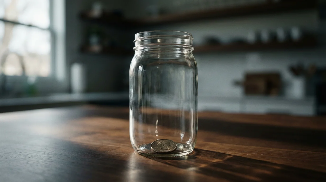 An empty glass savings jar with a single coin, symbolizing no emergency fund.