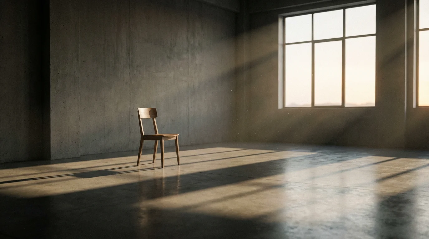 An empty, minimalist room with a single chair and long shadows from afternoon sun.