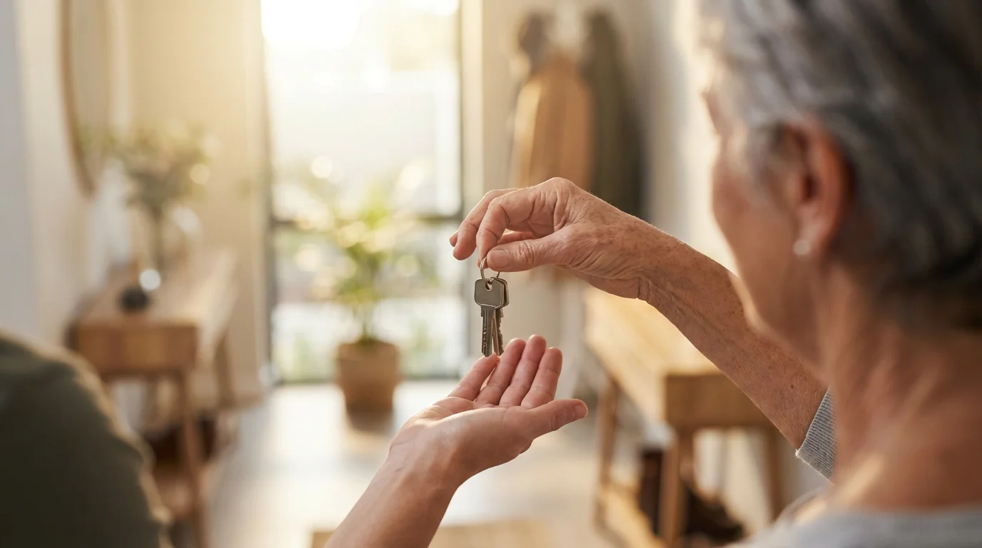 An older person's hands giving a set of house keys to a younger person.