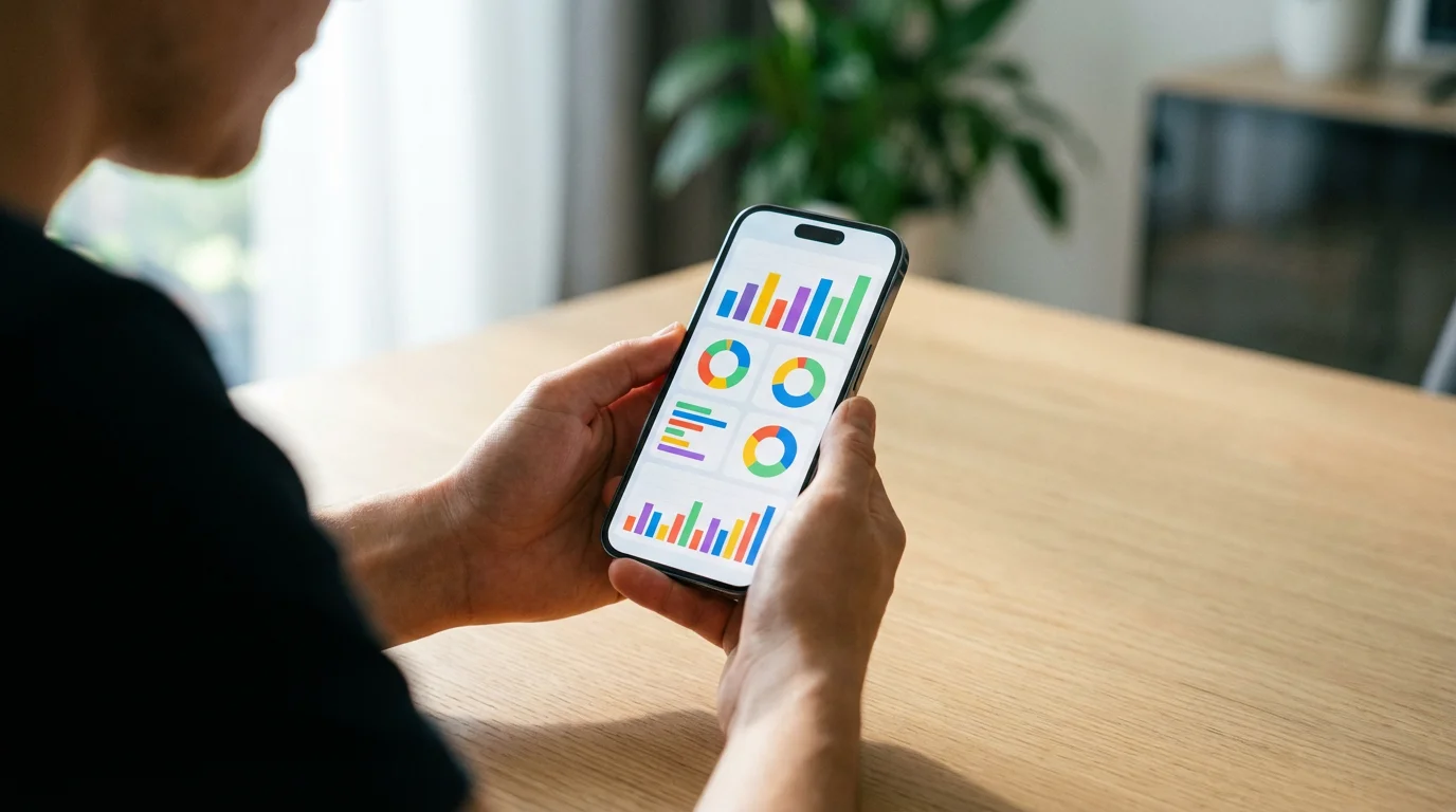 An over-the-shoulder view of a person using a budgeting app on their smartphone.
