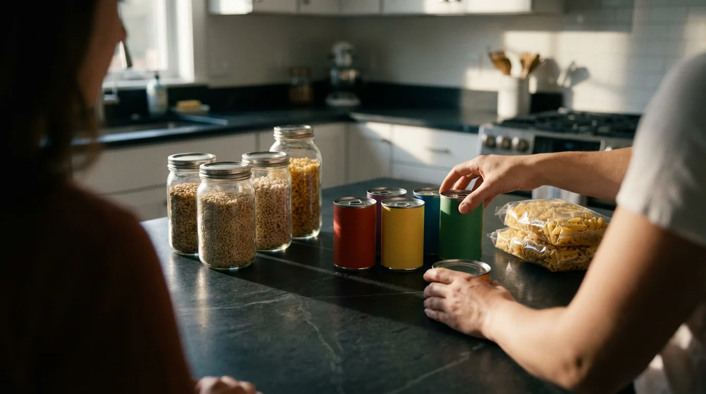 An over-the-shoulder view of hands organizing pantry items on a kitchen counter.