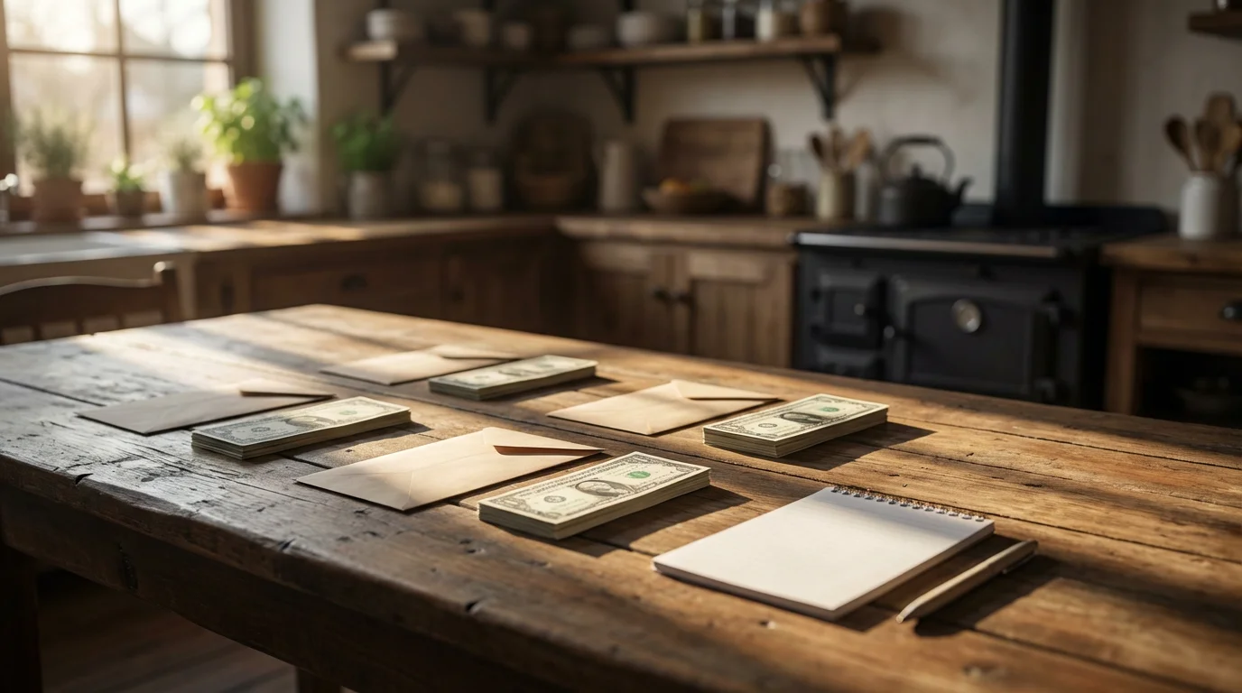 Cash and empty envelopes organized for budgeting on a sunlit wooden kitchen table.