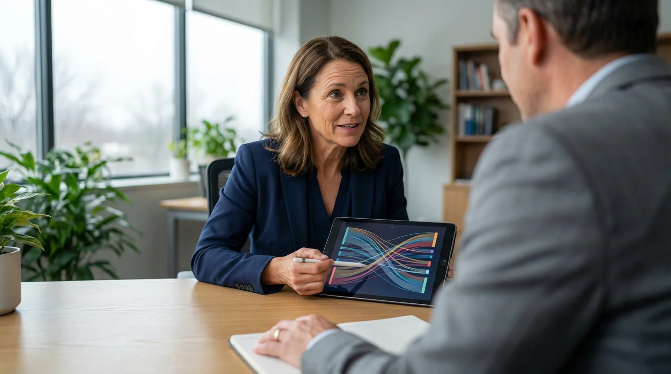Client meeting with a financial professional in a modern office, reviewing a tablet.