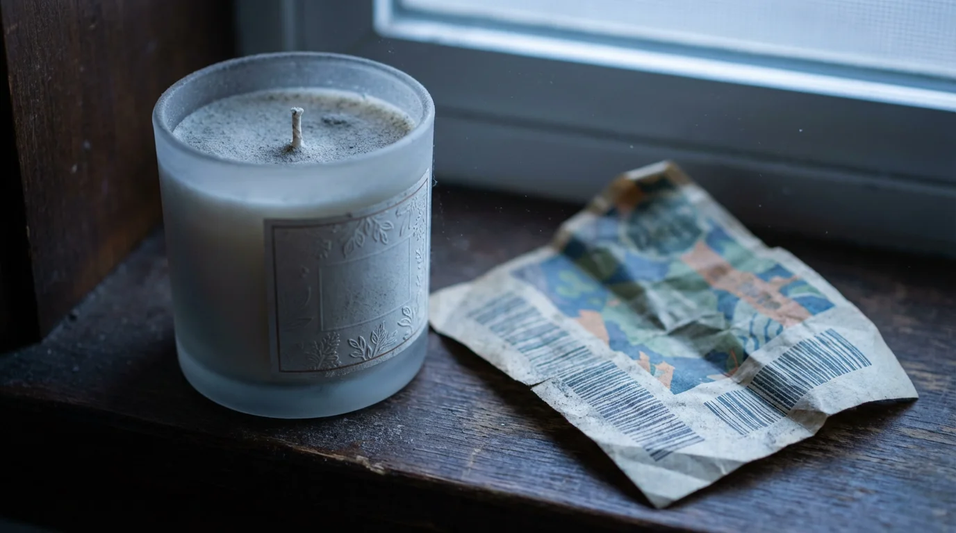 Close-up macro photo of a dusty, unused candle next to a crumpled coupon.