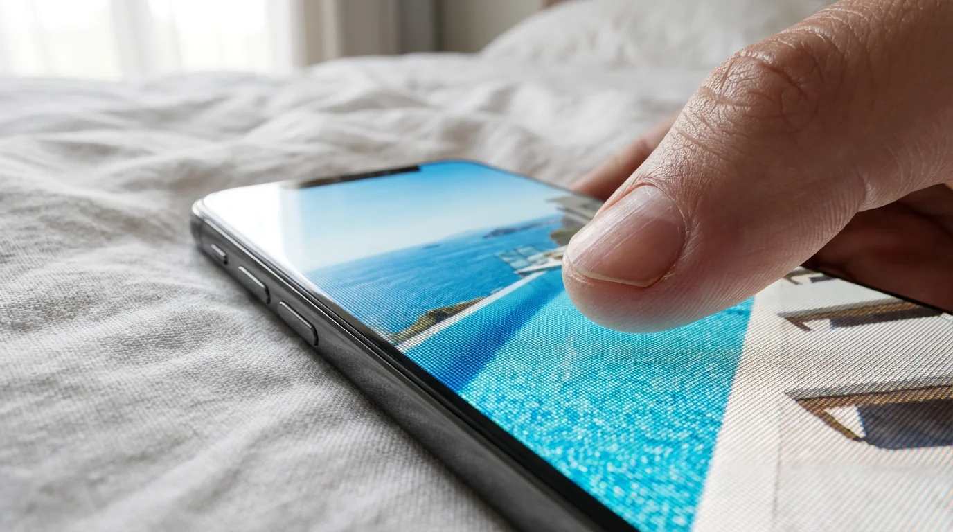 Close-up macro photo of a finger scrolling through luxury travel photos on a phone.