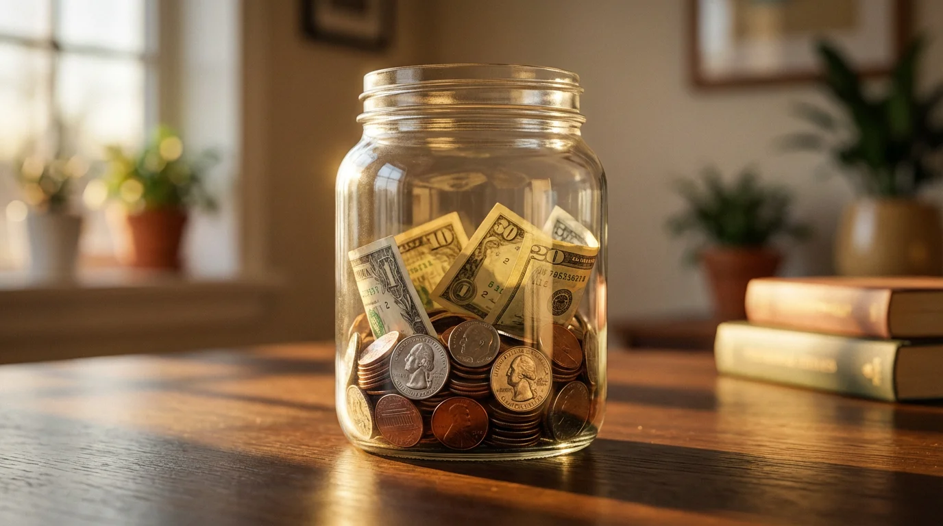 Close-up macro photo of a glass savings jar filled with coins and dollar bills.