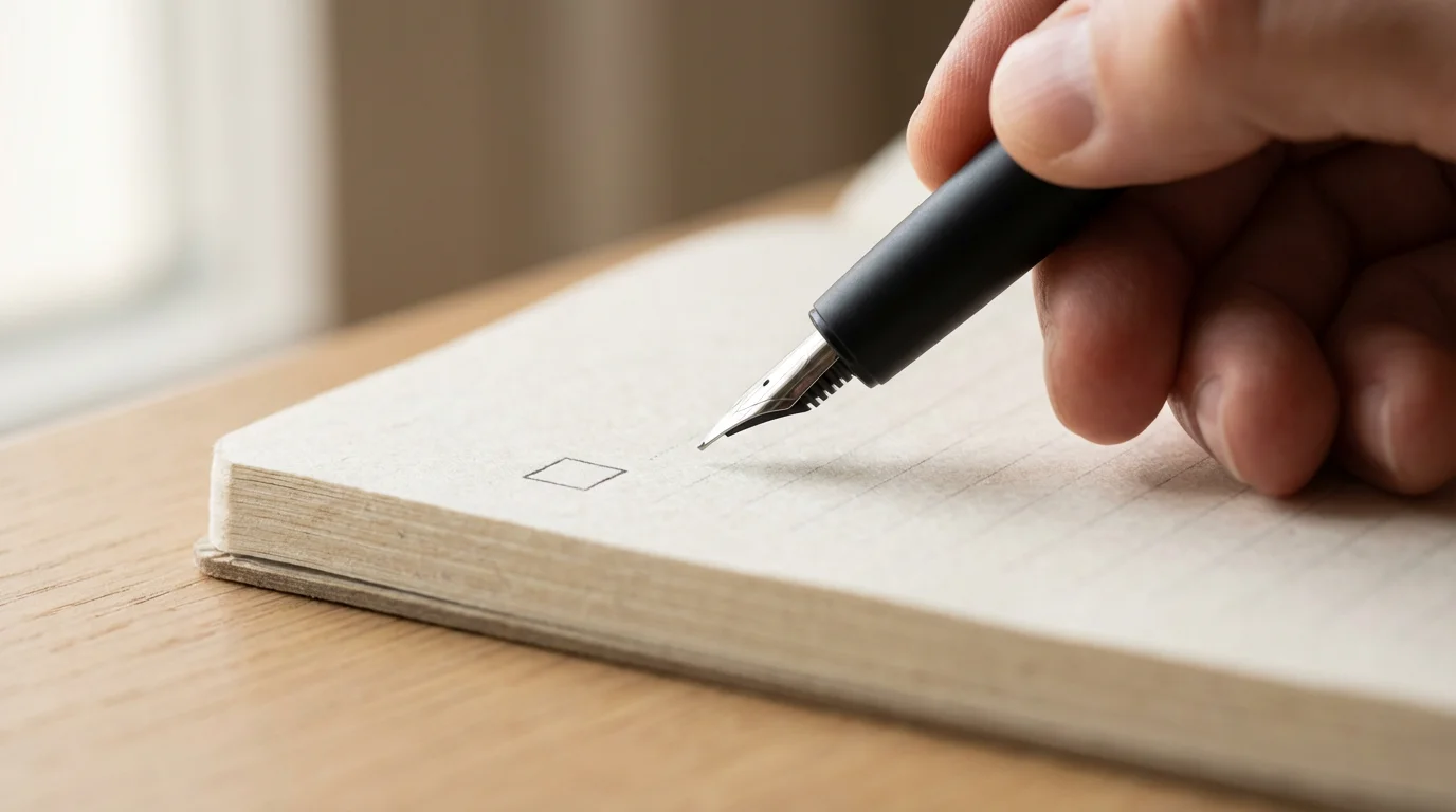 Close-up macro photo of a hand holding a pen over a blank checklist.