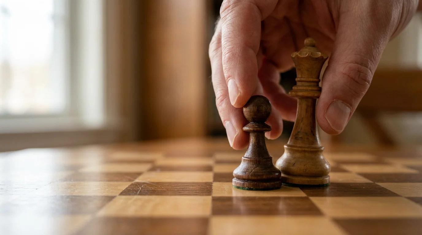 Close-up macro photo of a hand replacing a chess pawn with a queen.